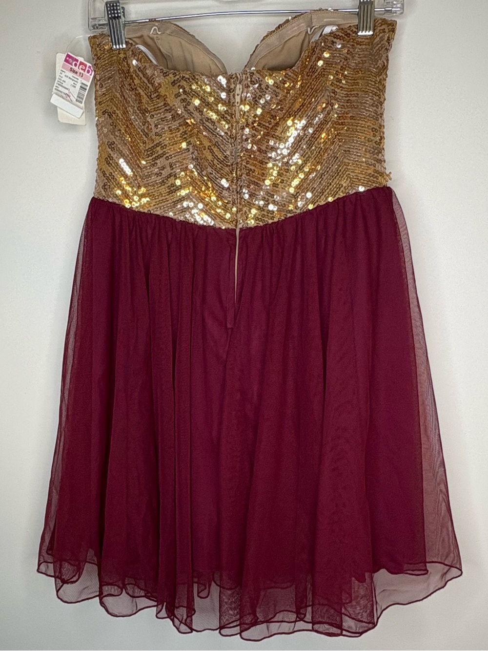Deb Y2K NWT Gold Sequin Bodice & Burgundy Tulle Homecoming Dress Size 13 - Picture 2 of 7